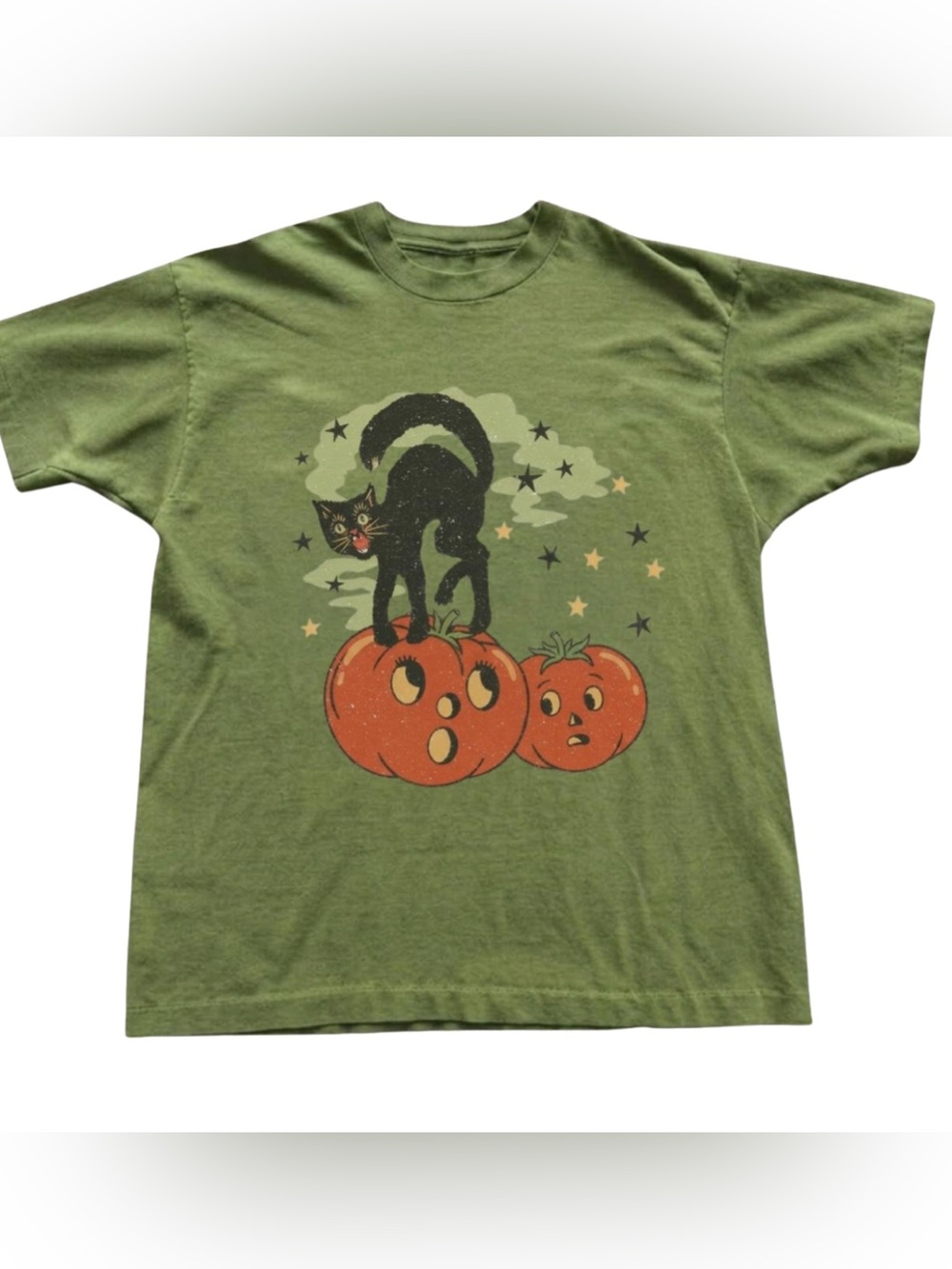 Green Cute Cat & Pumpkins Graphic Tee Vintage Gift for Halloween
